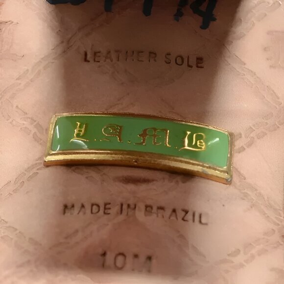 L.A.M.B Gold Studded Brown Leather Square Toe Structured Slingback 6" Heels 10 - Picture 6 of 7